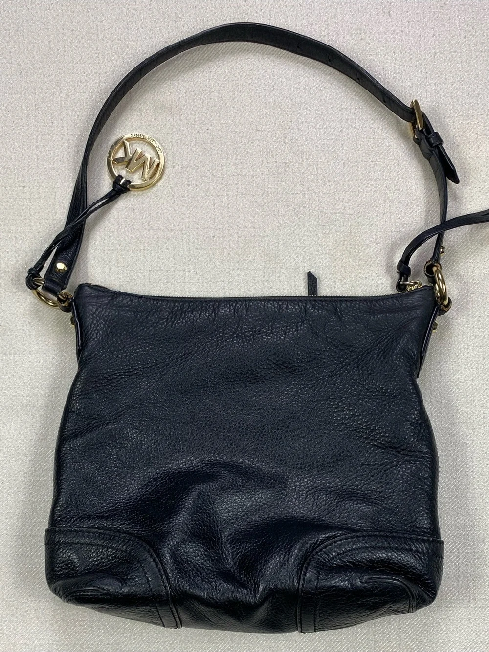 Michael Kors Black Grain Leather Hobo with Gold MK Charm